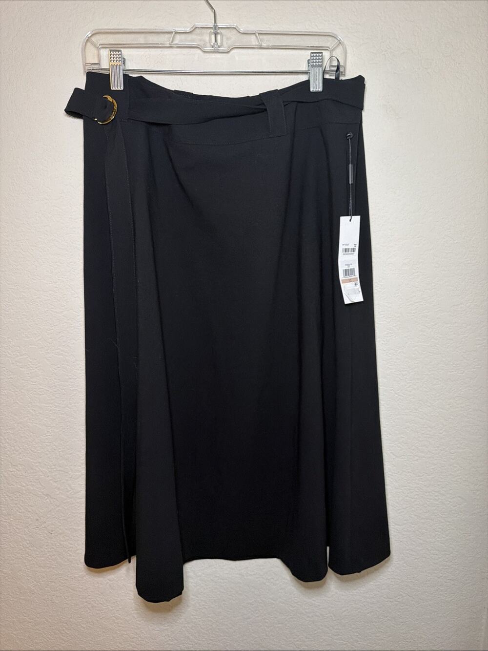 New! DKNY Tailored A-Line Belted Rich Black Skirt Size 12